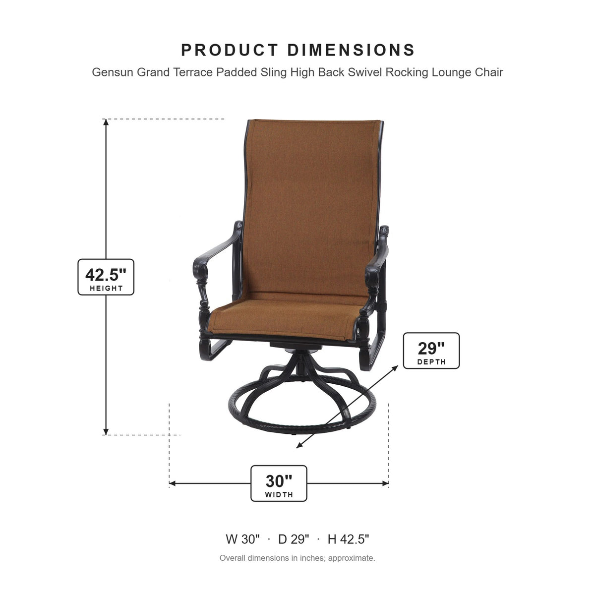 Gensun Grand Terrace Padded Sling High Back Swivel Rocking Lounge Chair dimensions: 30 in W x 29 in D x 42.5 in H