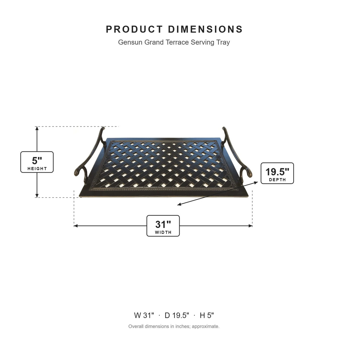 Gensun Grand Terrace Serving Tray dimensions: 31 in W x 19.5 in D x 5 in H