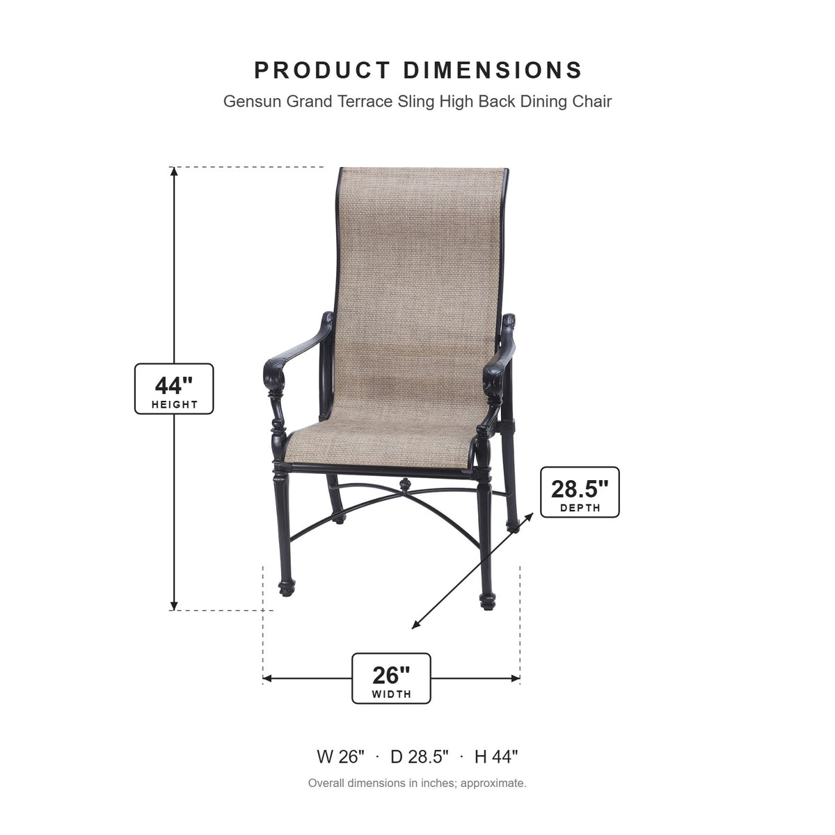 Gensun Grand Terrace Sling High Back Dining Chair dimensions: 26 in W x 28.5 in D x 44 in H