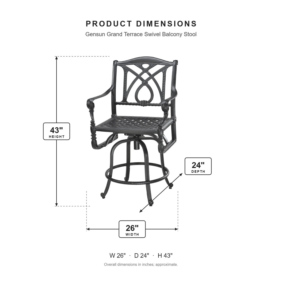 Gensun Grand Terrace Swivel Balcony Stool dimensions: 26 in W x 24 in D x 43 in H