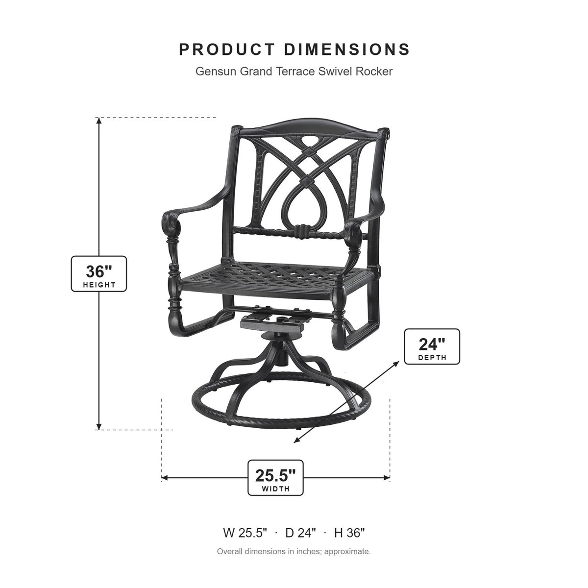 Gensun Grand Terrace Swivel Rocker dimensions: 25.5 in W x 24 in D x 36 in H
