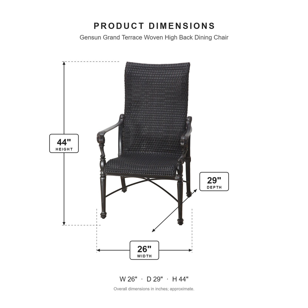 Gensun Grand Terrace Woven High Back Dining Chair dimensions: 26 in W x 29 in D x 44 in H