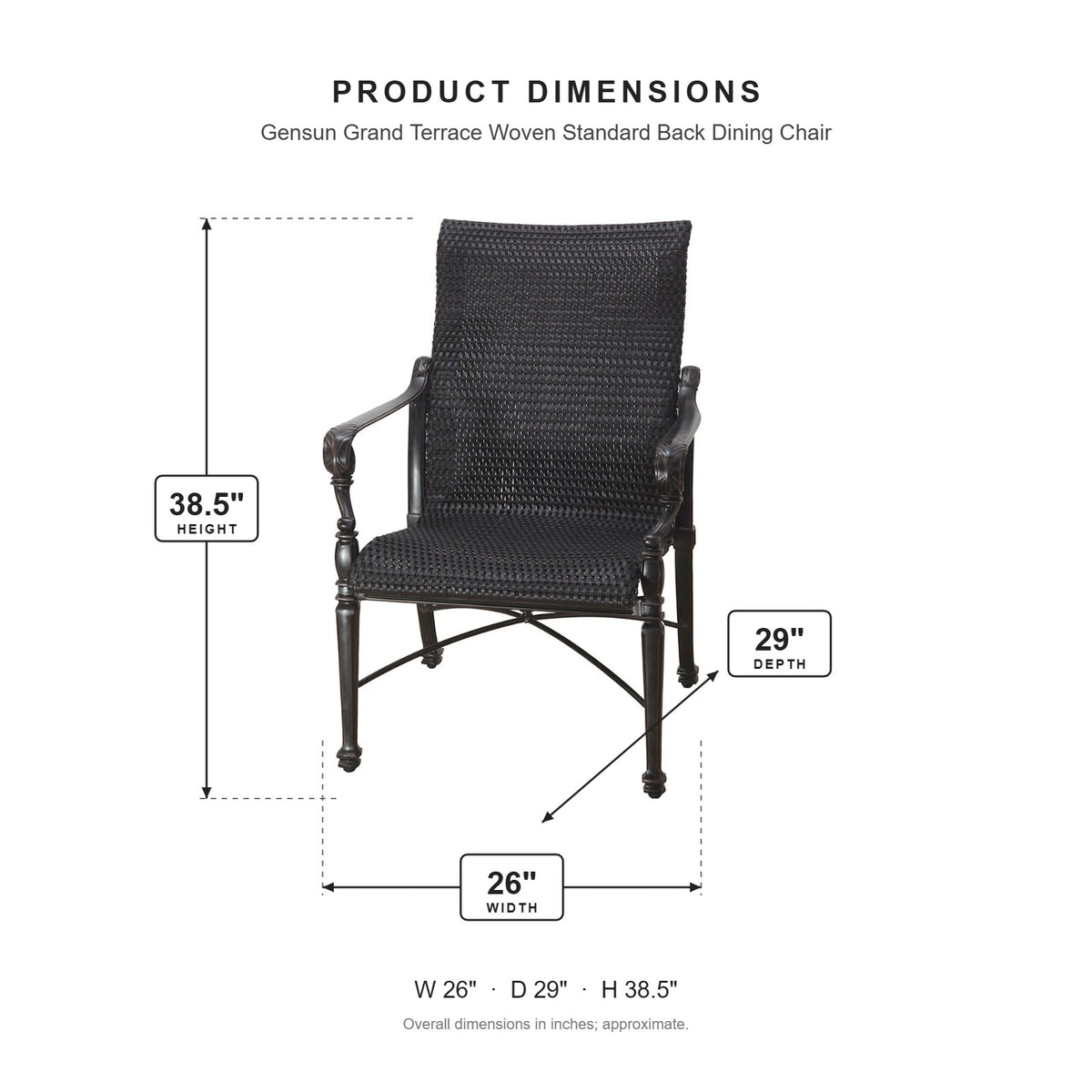 Gensun Grand Terrace Woven Standard Back Dining Chair dimensions: 26 in W x 29 in D x 38.5 in H