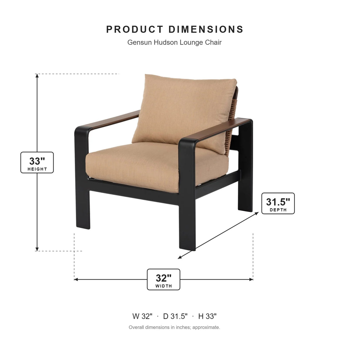 Gensun Hudson Lounge Chair dimensions: 32 in W x 31.5 in D x 33 in H