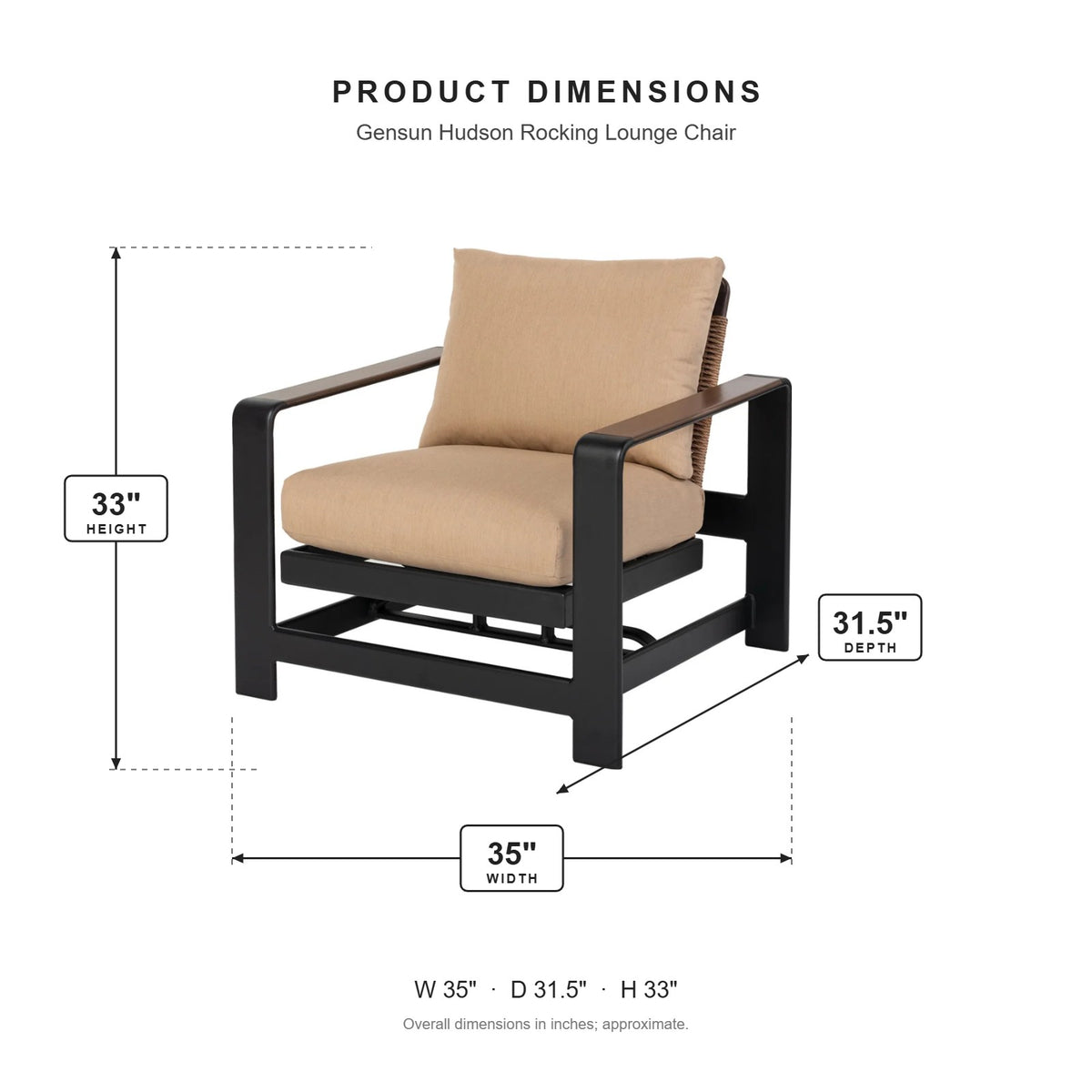 Gensun Hudson Rocking Lounge Chair dimensions: 35 in W x 31.5 in D x 33 in H