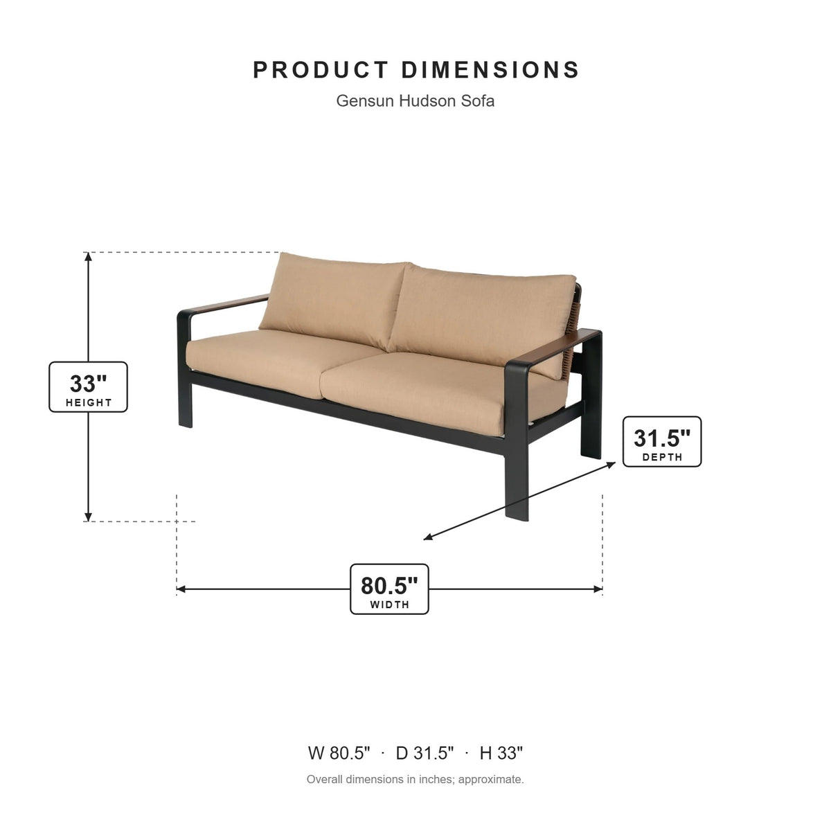 Gensun Hudson Sofa dimensions: 80.5 in W x 31.5 in D x 33 in H
