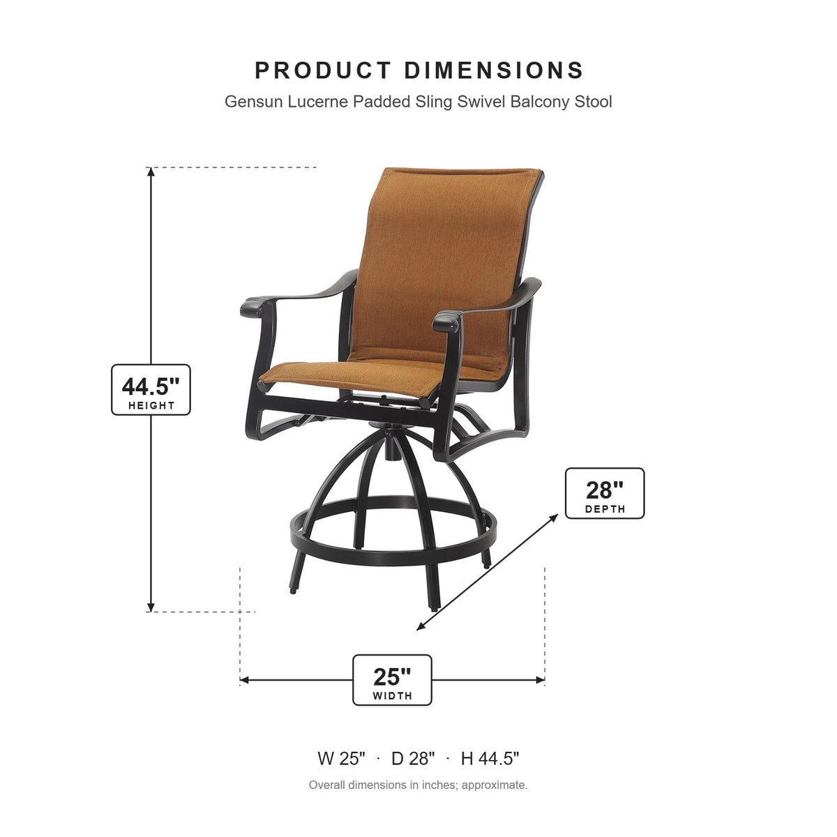 Gensun Lucerne Padded Sling Swivel Balcony Stool dimensions: 25 in W x 28 in D x 44.5 in H