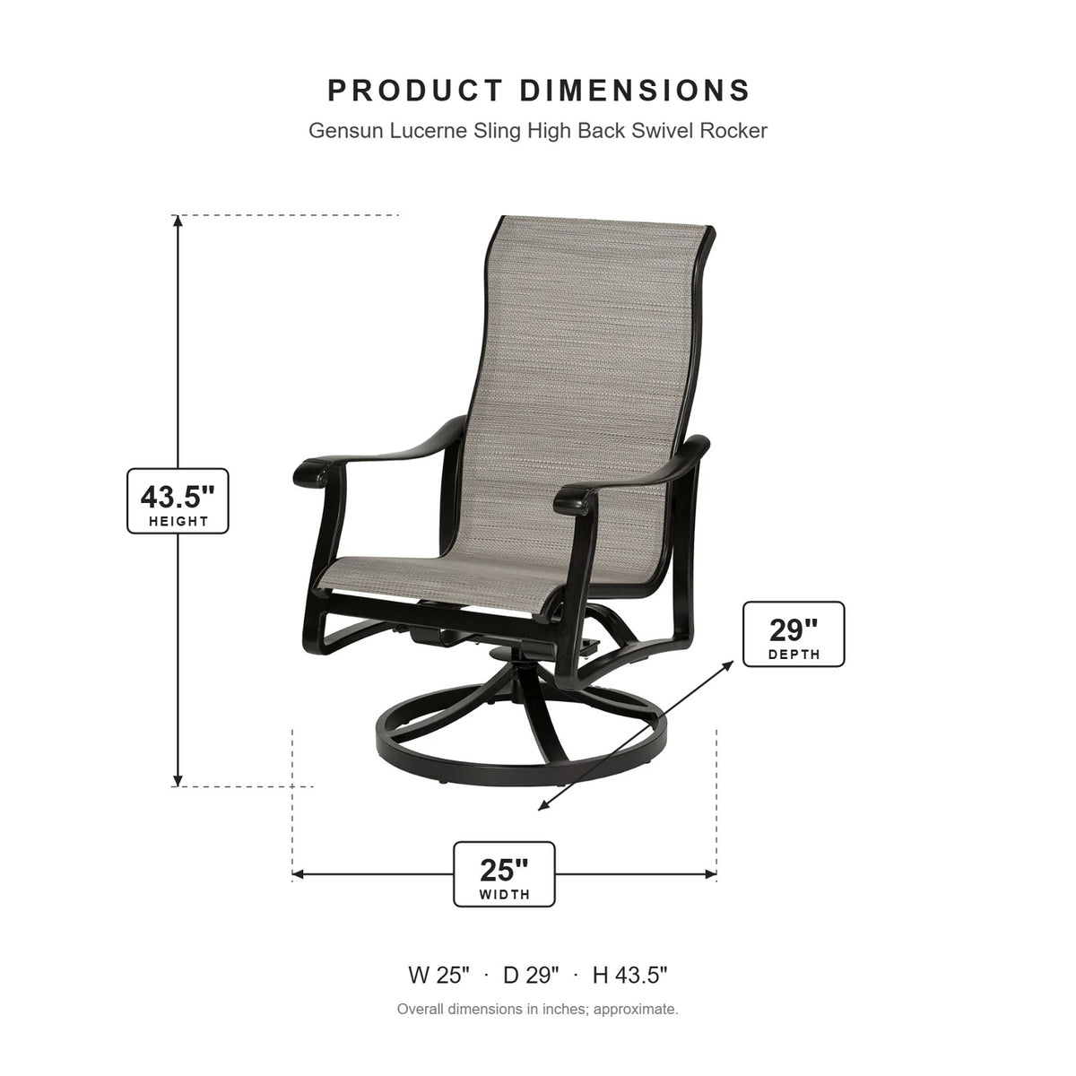 Gensun Lucerne Sling High Back Swivel Rocker dimensions: 25 in W x 29 in D x 43.5 in H