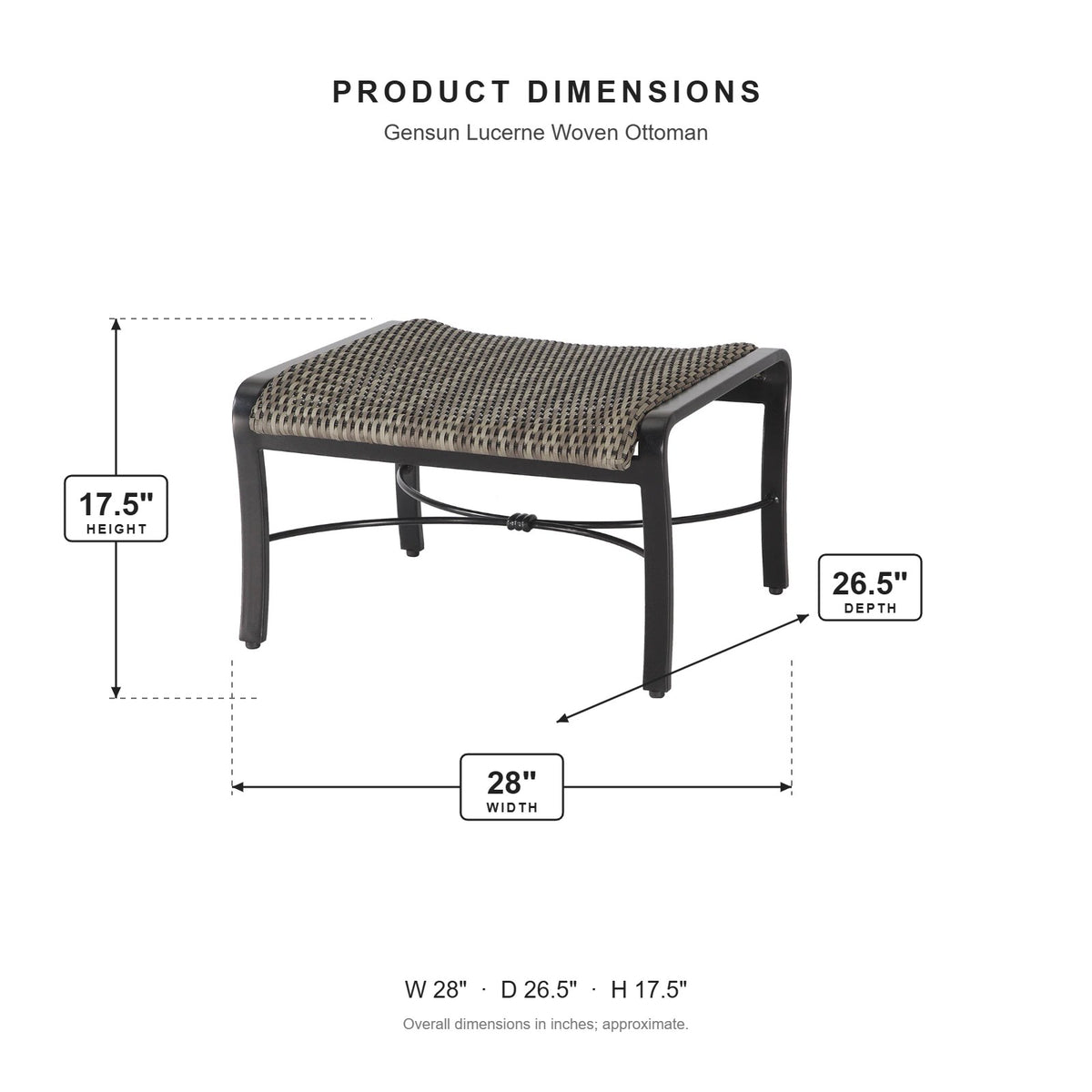 Gensun Lucerne Woven Ottoman dimensions: 28 in W x 26.5 in D x 17.5 in H