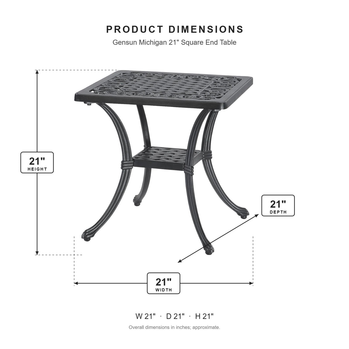 Gensun Michigan 21" Square End Table dimensions: 21 in W x 21 in D x 21 in H