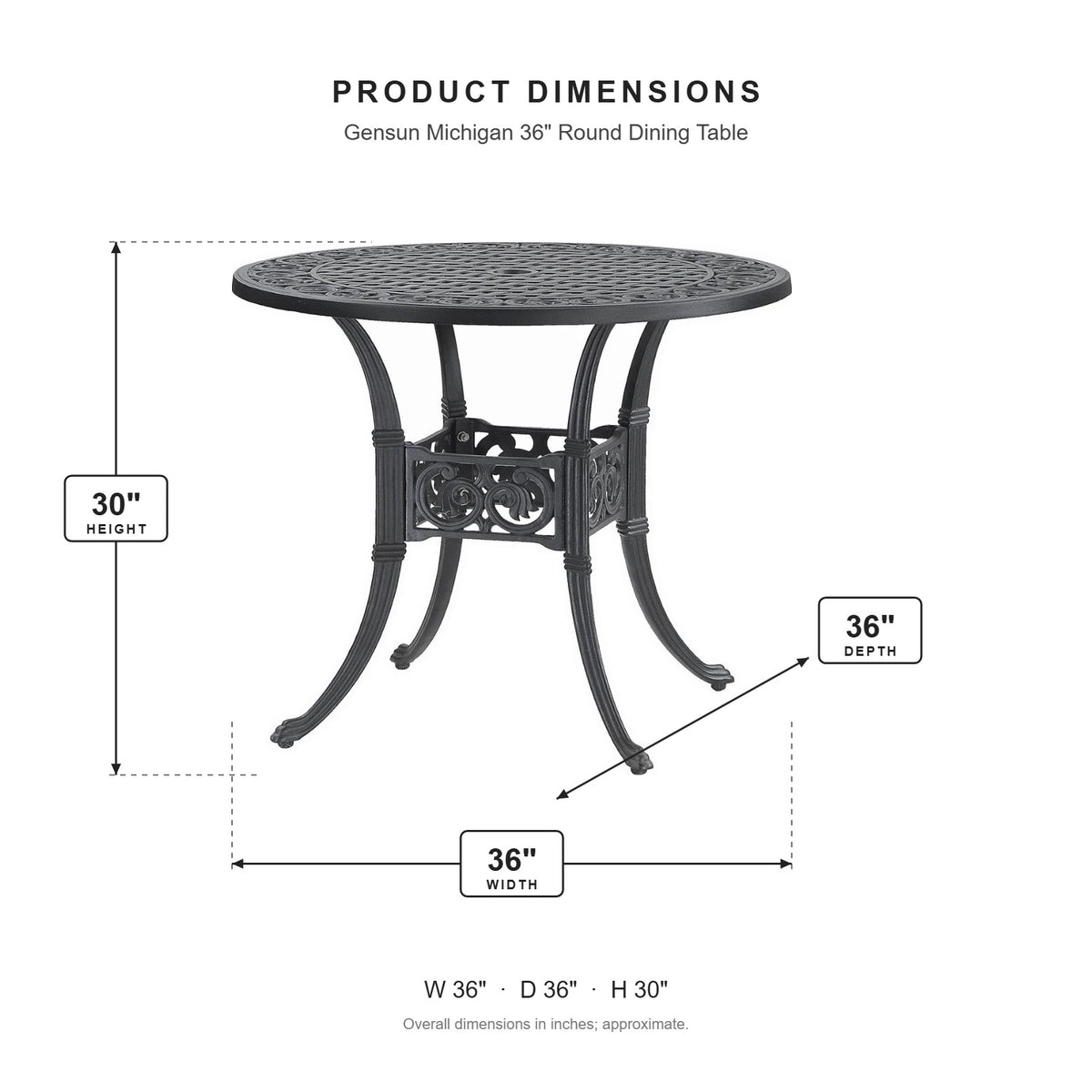 Gensun Michigan 36" Round Dining Table dimensions: 36 in W x 36 in D x 30 in H