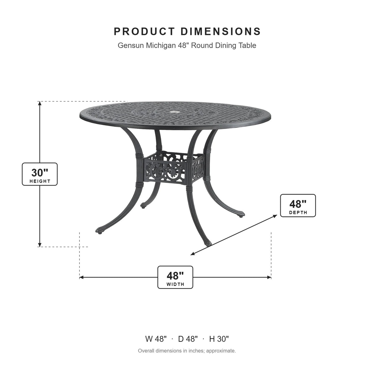Gensun Michigan 48" Round Dining Table dimensions: 48 in W x 48 in D x 30 in H