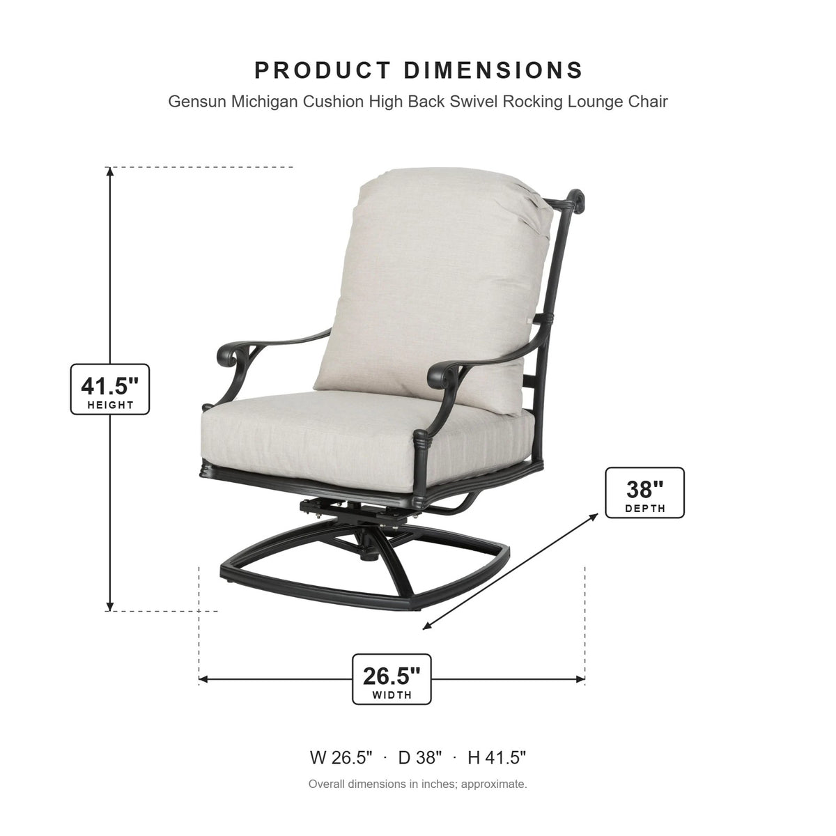 Gensun Michigan Cushion High Back Swivel Rocking Lounge Chair dimensions: 26.5 in W x 38 in D x 41.5 in H