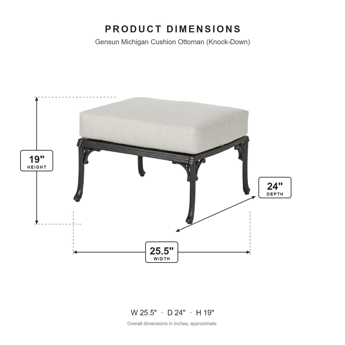 Gensun Michigan Cushion Ottoman (Knock-Down) dimensions: 25.5 in W x 24 in D x 19 in H