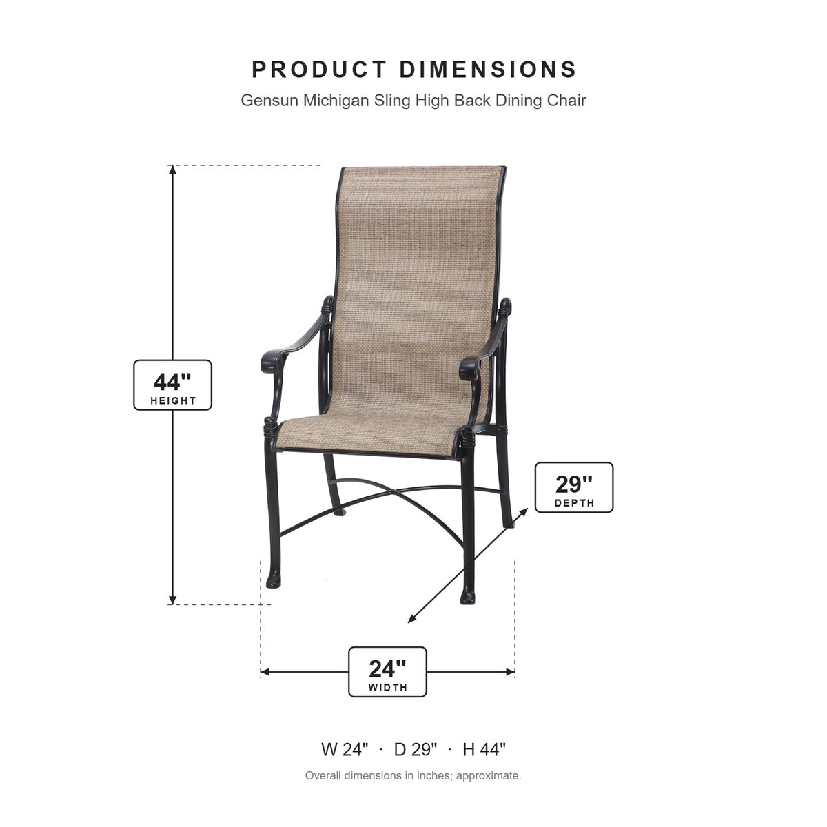Gensun Michigan Sling High Back Dining Chair dimensions: 24 in W x 29 in D x 44 in H