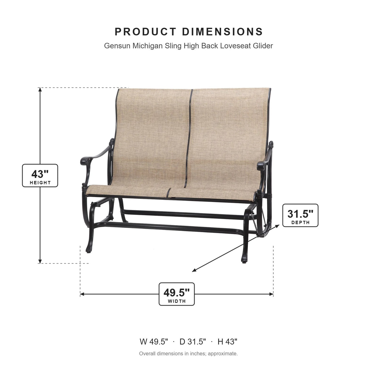 Gensun Michigan Sling High Back Loveseat Glider dimensions: 49.5 in W x 31.5 in D x 43 in H