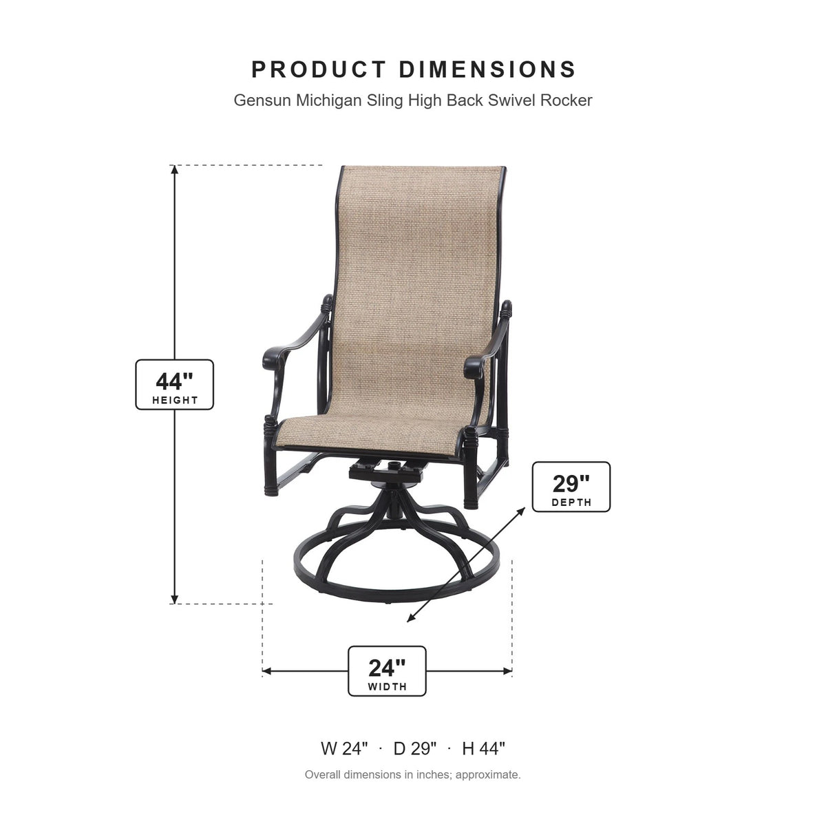 Gensun Michigan Sling High Back Swivel Rocker dimensions: 24 in W x 29 in D x 44 in H