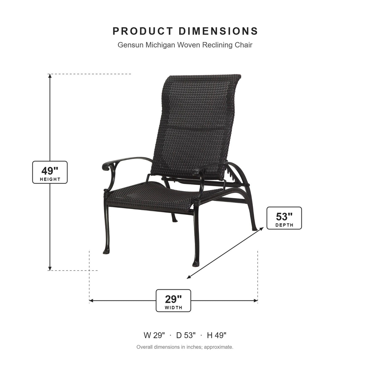 Gensun Michigan Woven Reclining Chair dimensions: 29 in W x 53 in D x 49 in H
