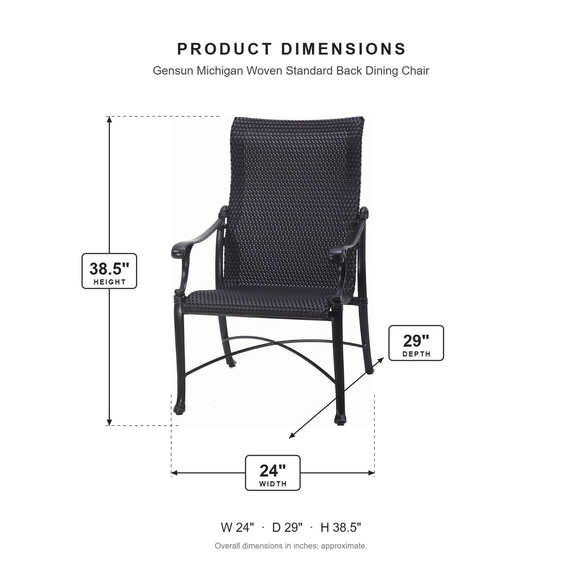 Gensun Michigan Woven Standard Back Dining Chair dimensions: 24 in W x 29 in D x 38.5 in H
