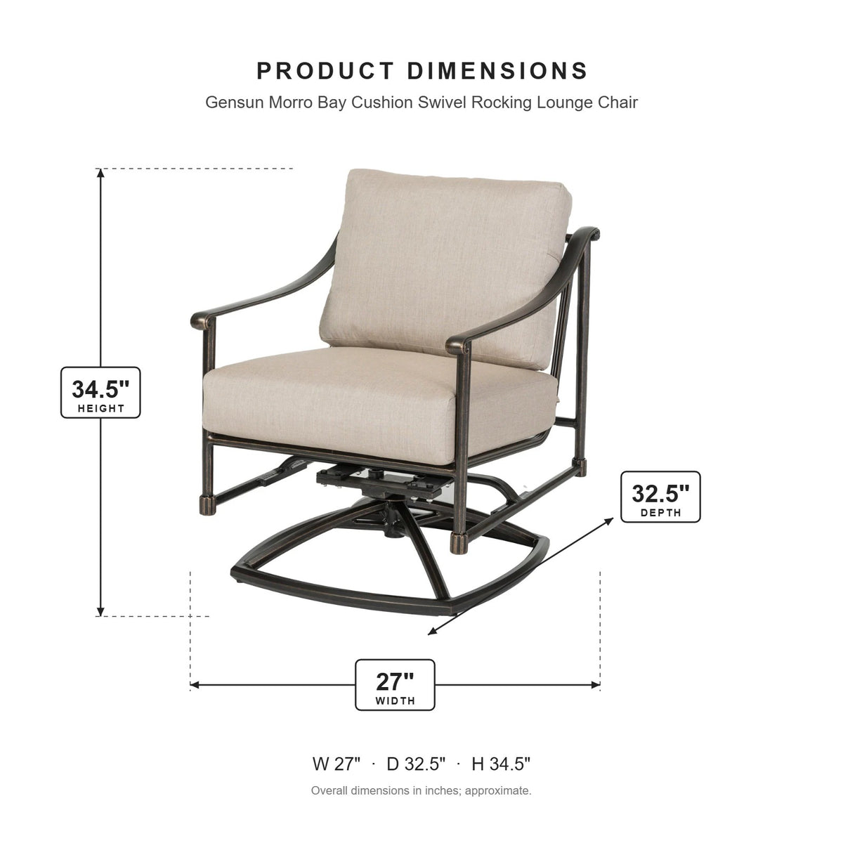 Gensun Morro Bay Cushion Swivel Rocking Lounge Chair dimensions: 27 in W x 32.5 in D x 34.5 in H
