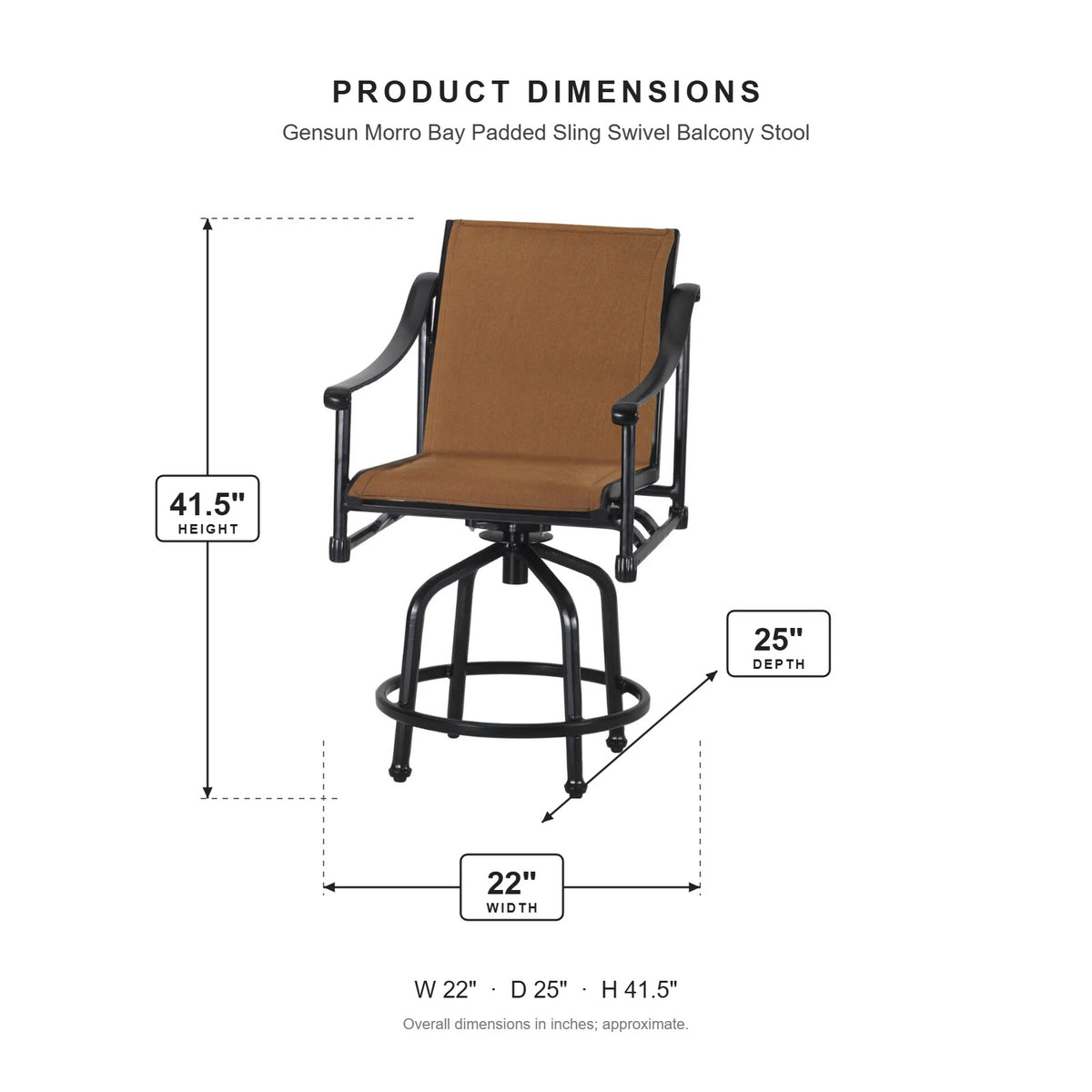 Gensun Morro Bay Padded Sling Swivel Balcony Stool dimensions: 22 in W x 25 in D x 41.5 in H