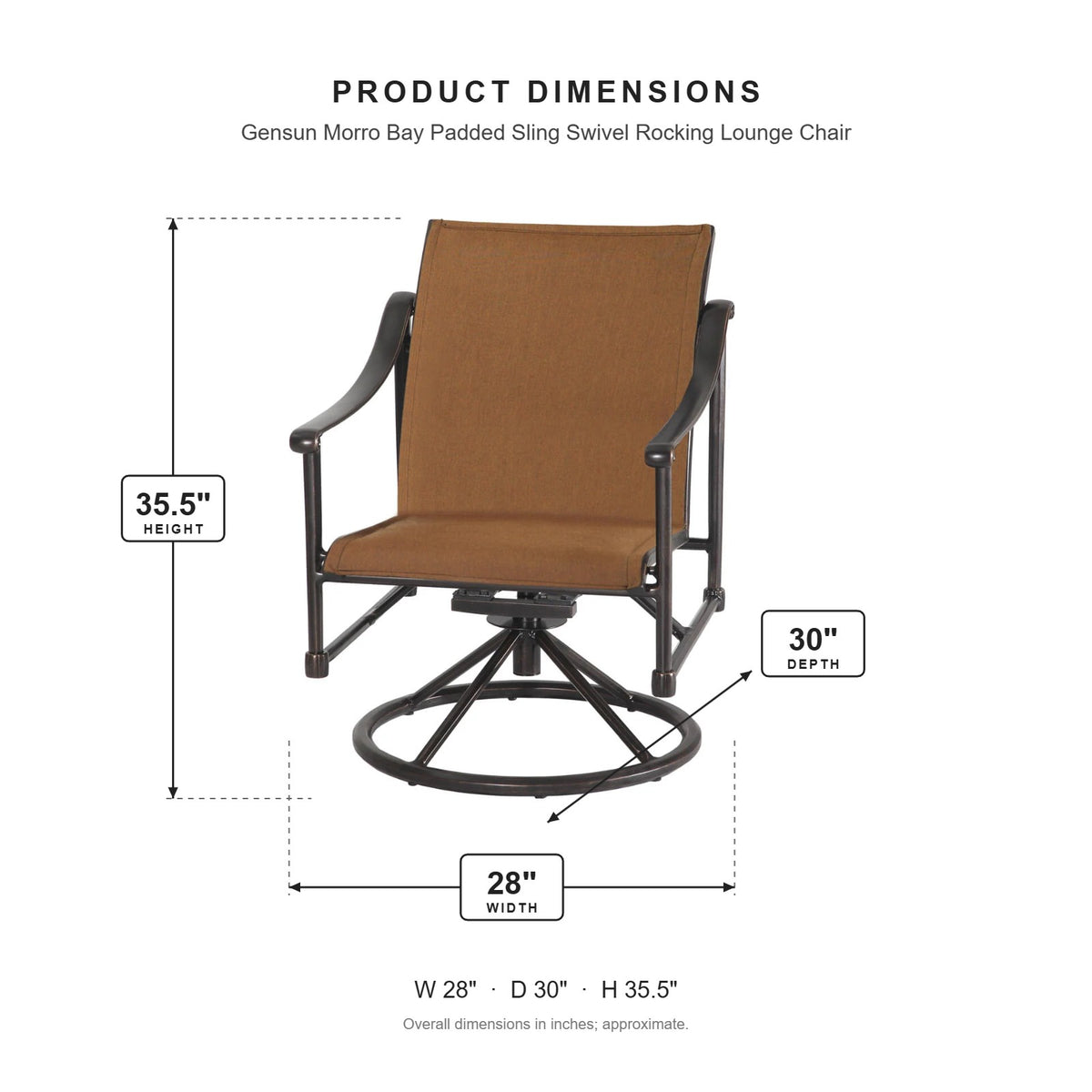Gensun Morro Bay Padded Sling Swivel Rocking Lounge Chair dimensions: 28 in W x 30 in D x 35.5 in H