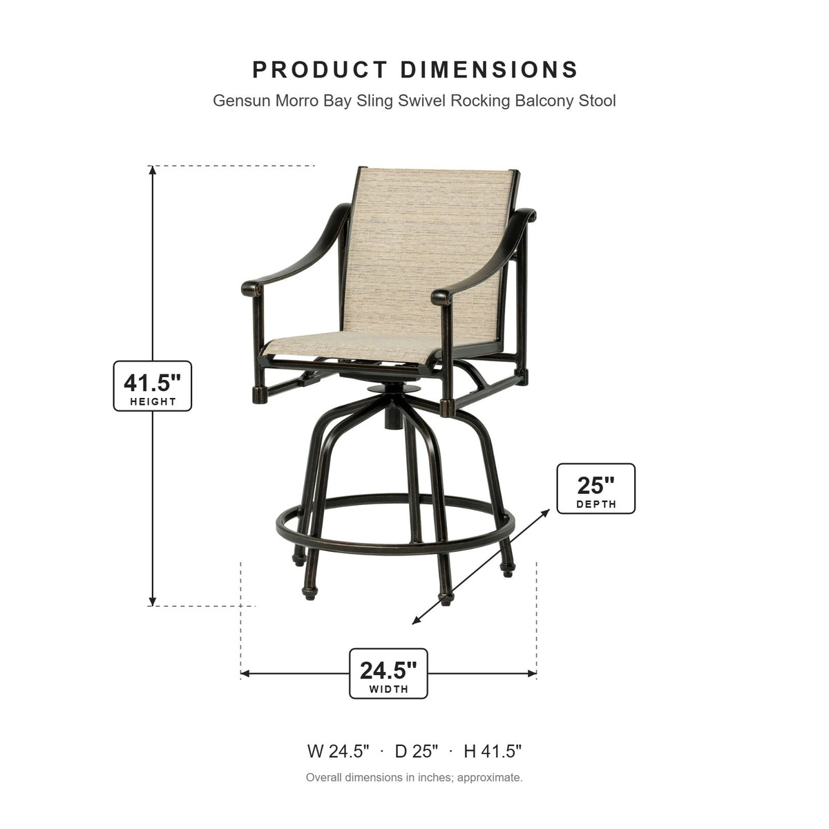 Gensun Morro Bay Sling Swivel Rocking Balcony Stool dimensions: 24.5 in W x 25 in D x 41.5 in H