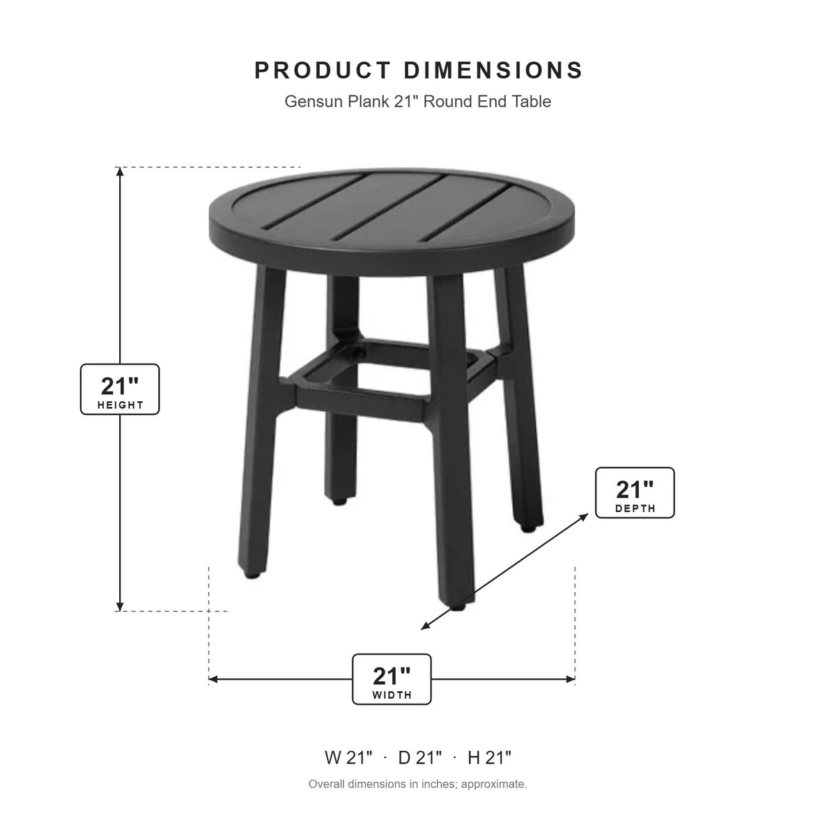 Gensun Plank 21" Round End Table dimensions: 21 in W x 21 in D x 21 in H