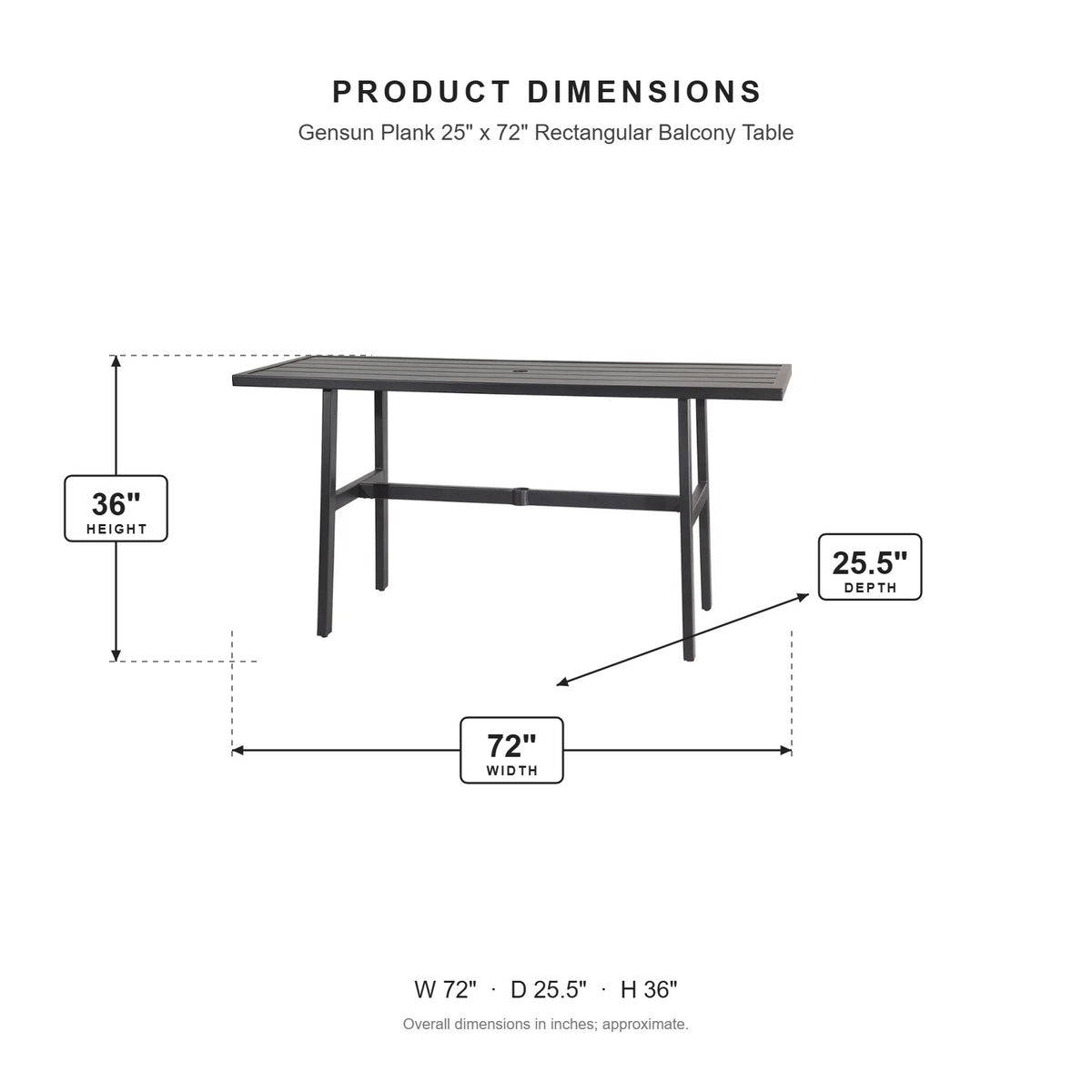 Gensun Plank 25" x 72" Rectangular Balcony Table dimensions: 72 in W x 25.5 in D x 36 in H