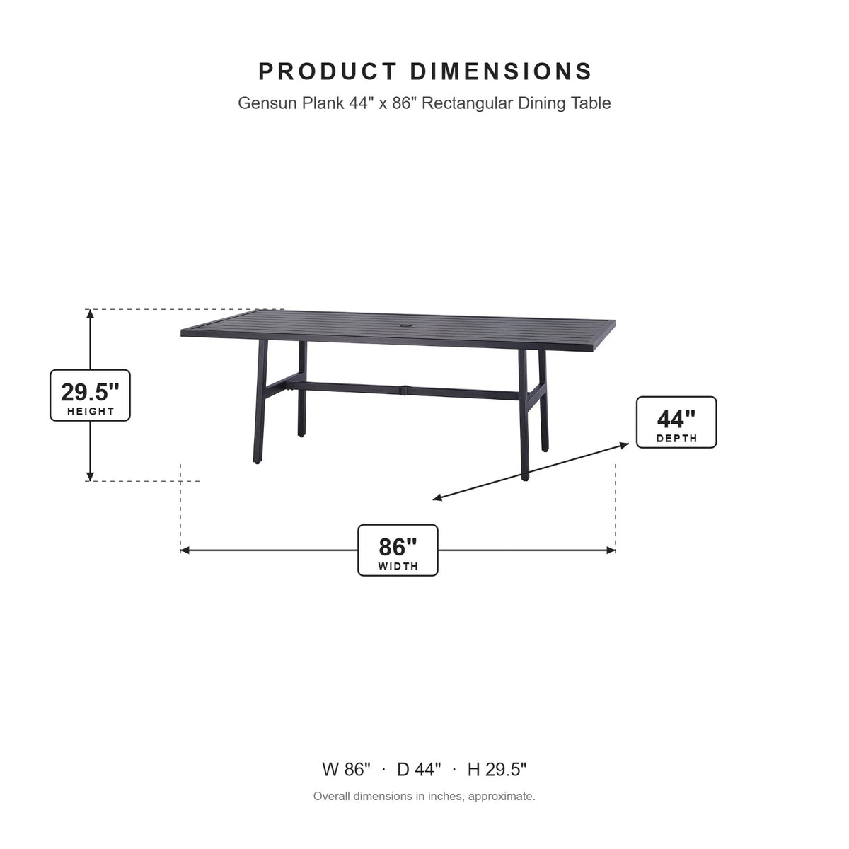 Gensun Plank 44" x 86" Rectangular Dining Table dimensions: 86 in W x 44 in D x 29.5 in H