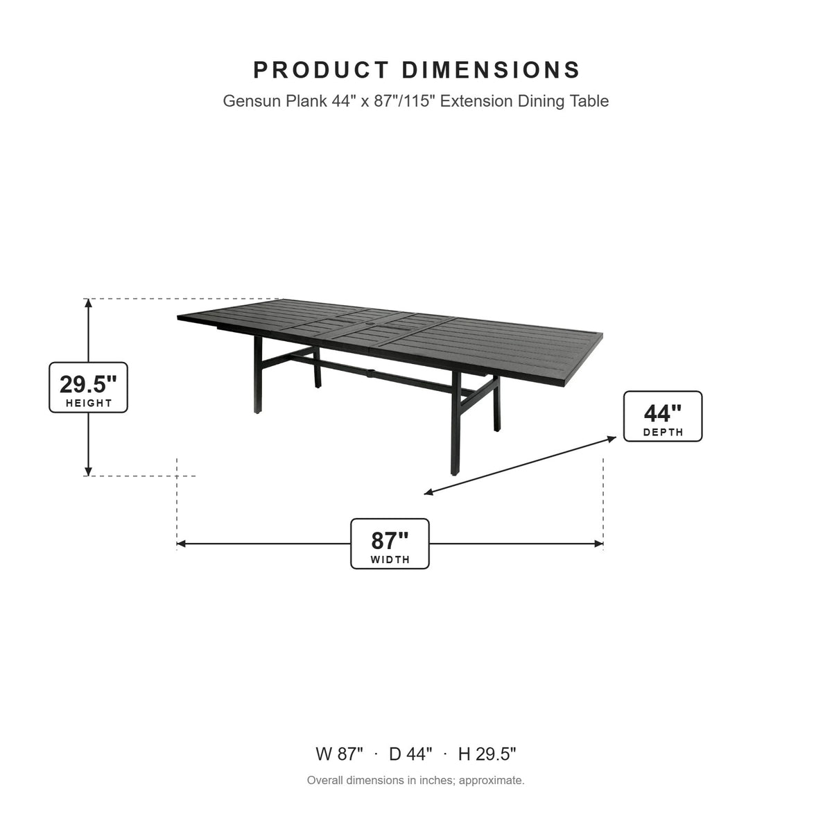 Gensun Plank 44" x 87"/115" Extension Dining Table dimensions: 87 in W x 44 in D x 29.5 in H