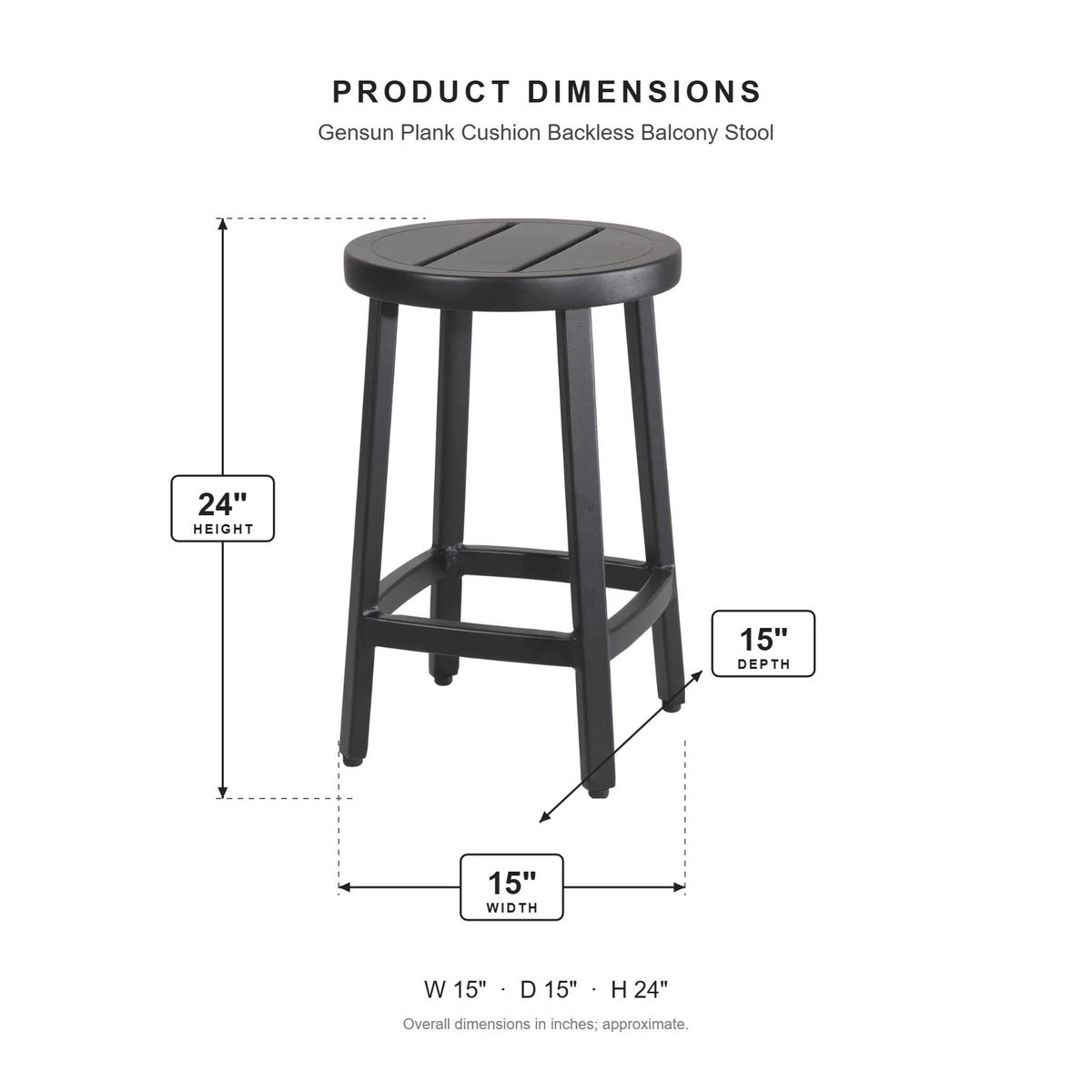 Gensun Plank Cushion Backless Balcony Stool dimensions: 15 in W x 15 in D x 24 in H