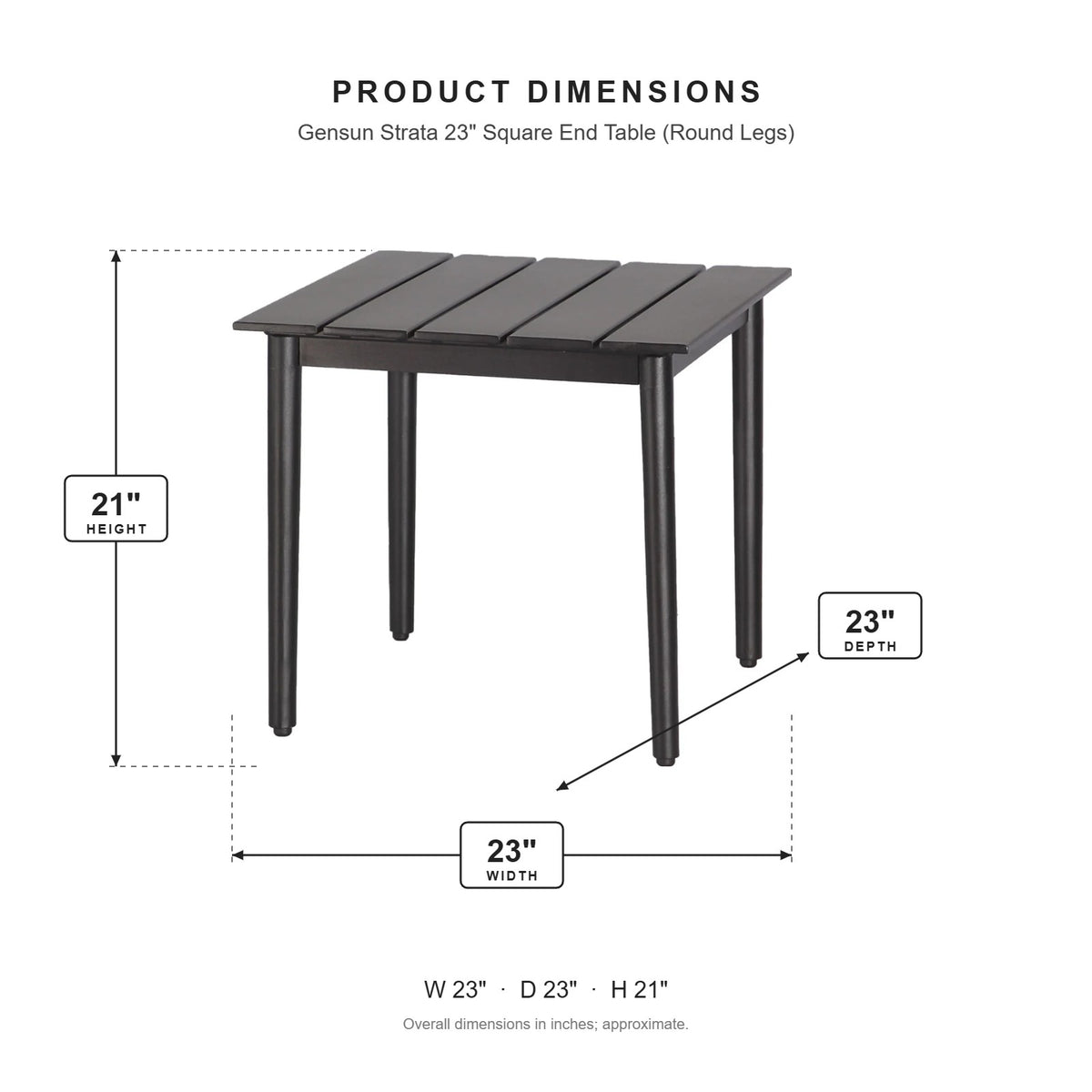 Gensun Strata 23" Square End Table (Round Legs) dimensions: 23 in W x 23 in D x 21 in H