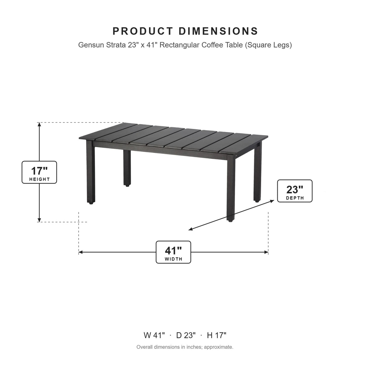 Gensun Strata 23" x 41" Rectangular Coffee Table (Square Legs) dimensions: 41 in W x 23 in D x 17 in H