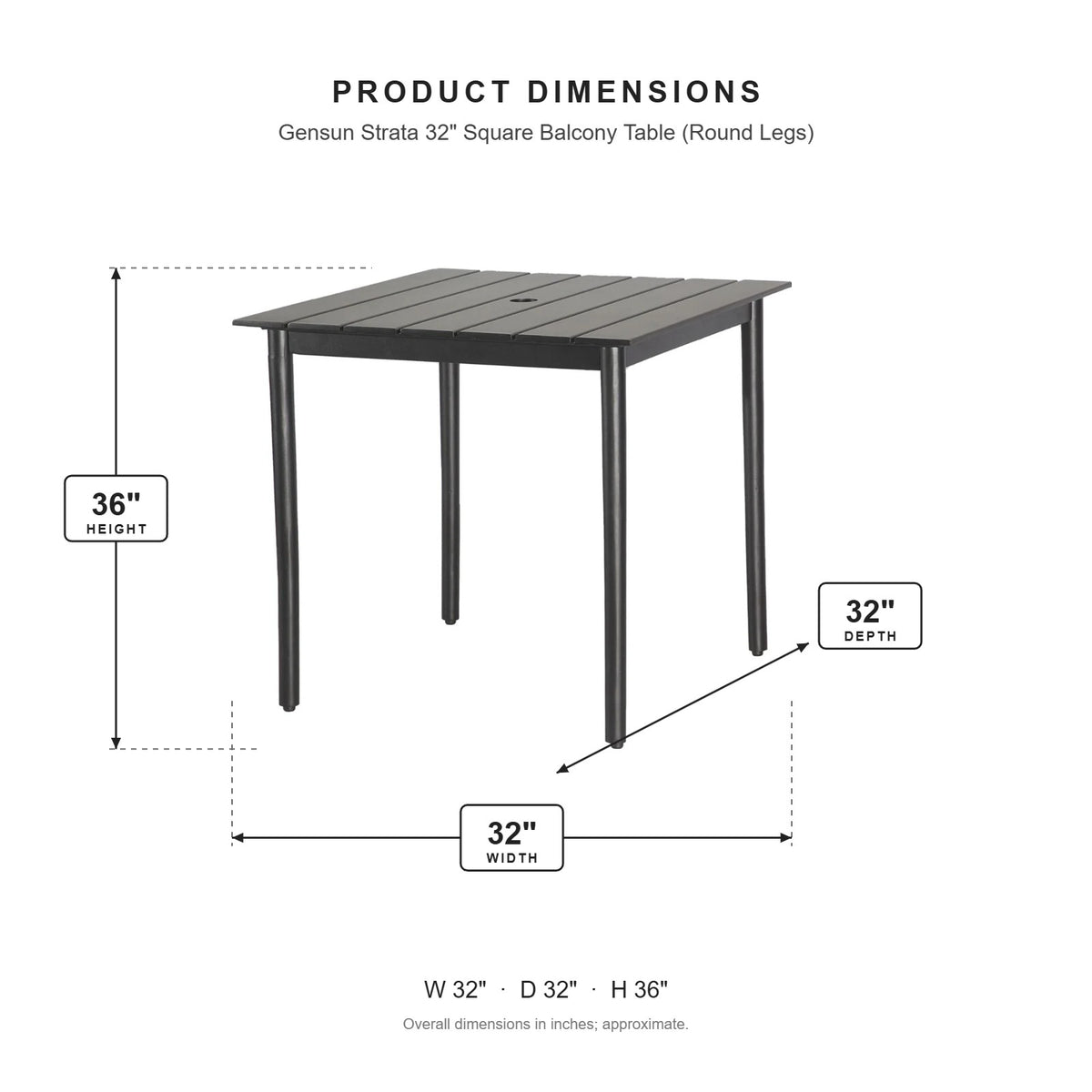 Gensun Strata 32" Square Balcony Table (Round Legs) dimensions: 32 in W x 32 in D x 36 in H