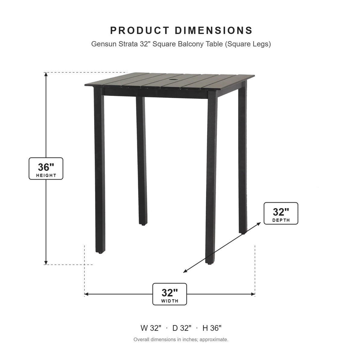 Gensun Strata 32" Square Balcony Table (Square Legs) dimensions: 32 in W x 32 in D x 36 in H