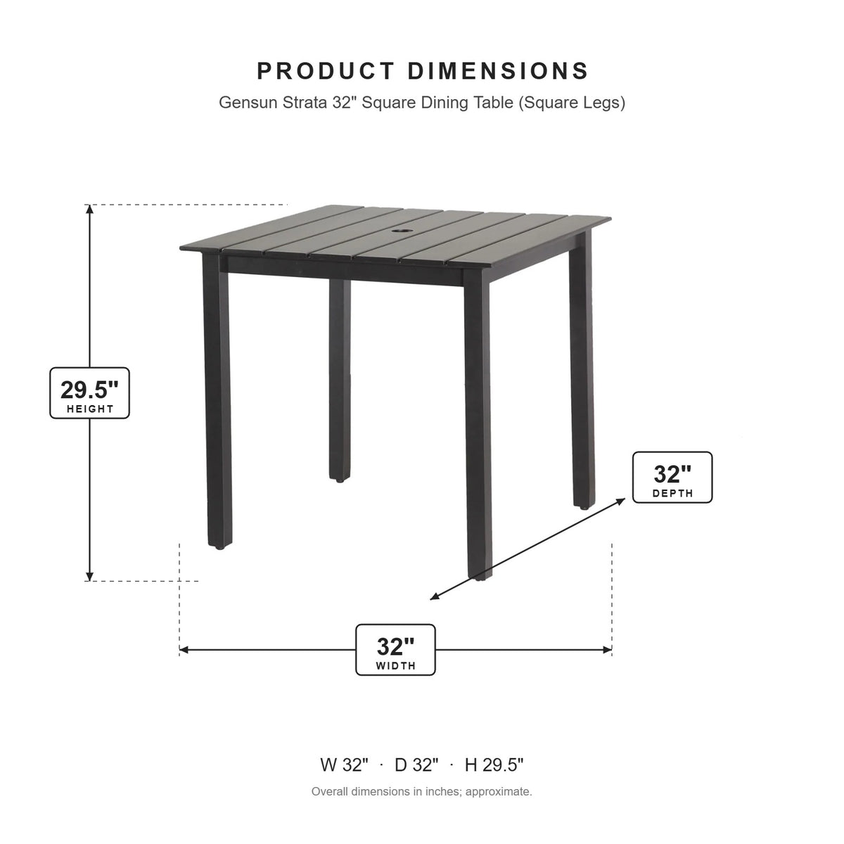 Gensun Strata 32" Square Dining Table (Square Legs) dimensions: 32 in W x 32 in D x 29.5 in H
