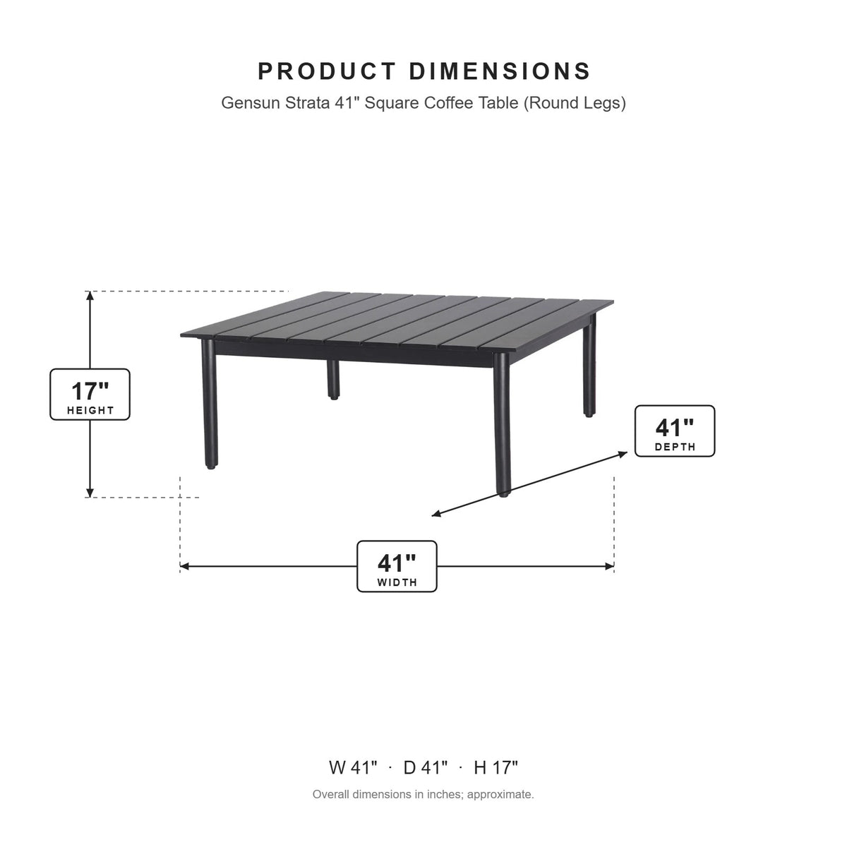 Gensun Strata 41" Square Coffee Table (Round Legs) dimensions: 41 in W x 41 in D x 17 in H