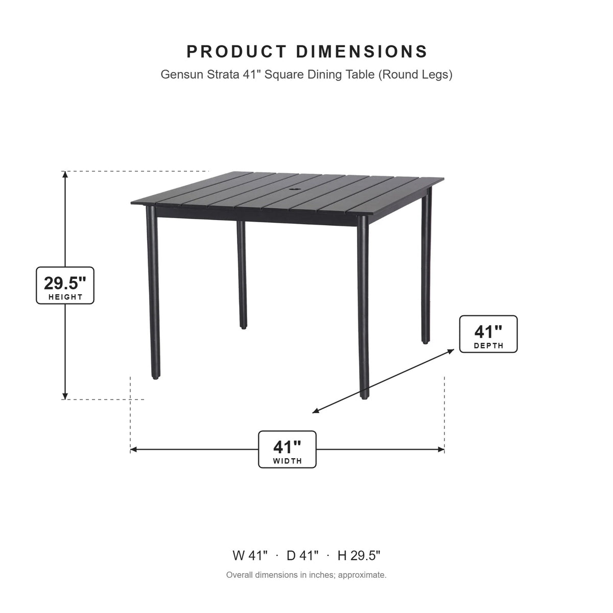 Gensun Strata 41" Square Dining Table (Round Legs) dimensions: 41 in W x 41 in D x 29.5 in H