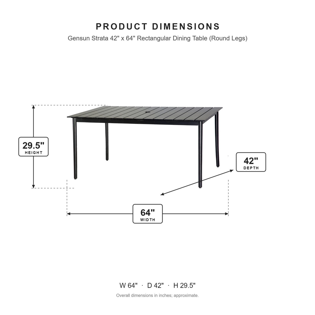 Gensun Strata 42" x 64" Rectangular Dining Table (Round Legs) dimensions: 64 in W x 42 in D x 29.5 in H