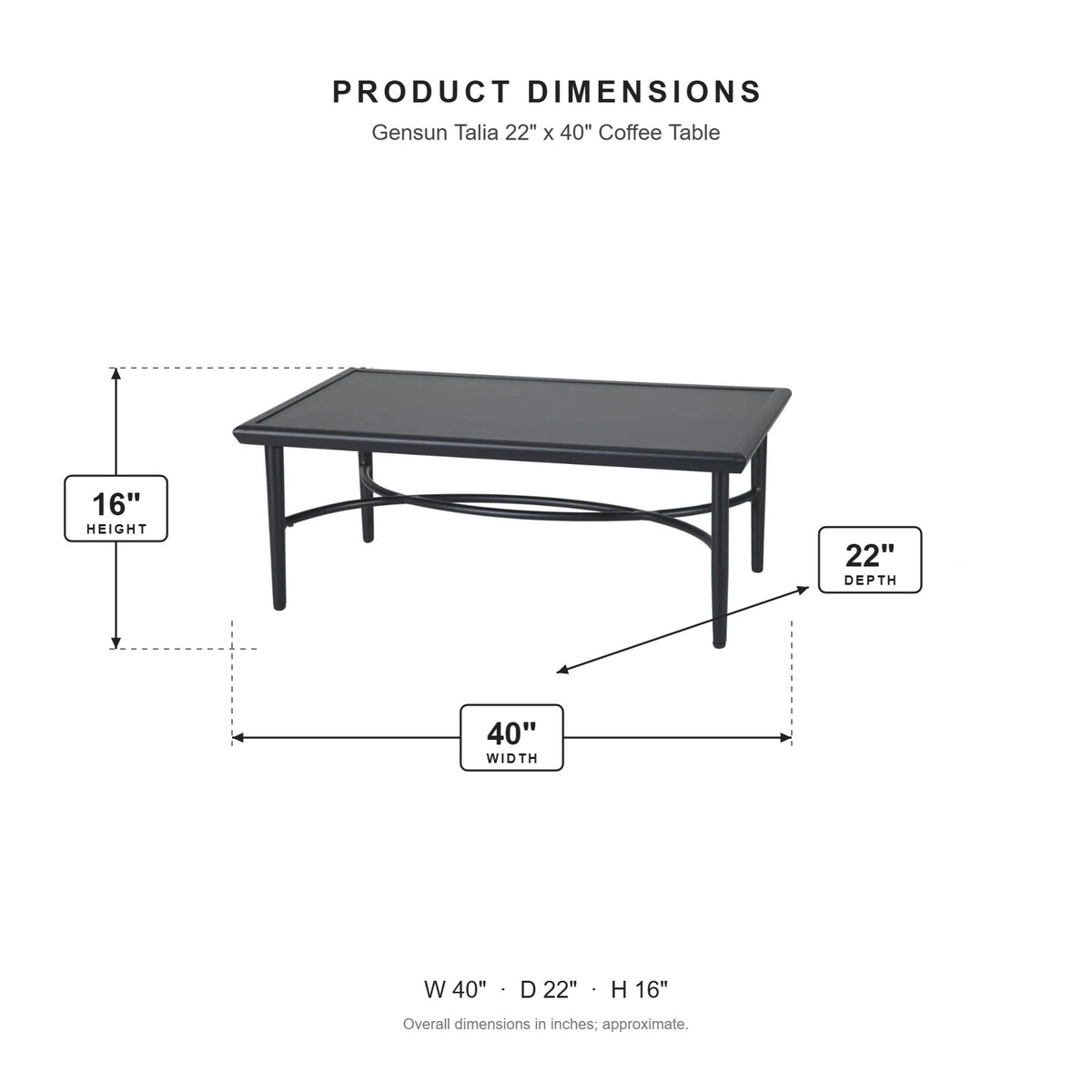 Gensun Talia 22" x 40" Coffee Table dimensions: 40 in W x 22 in D x 16 in H