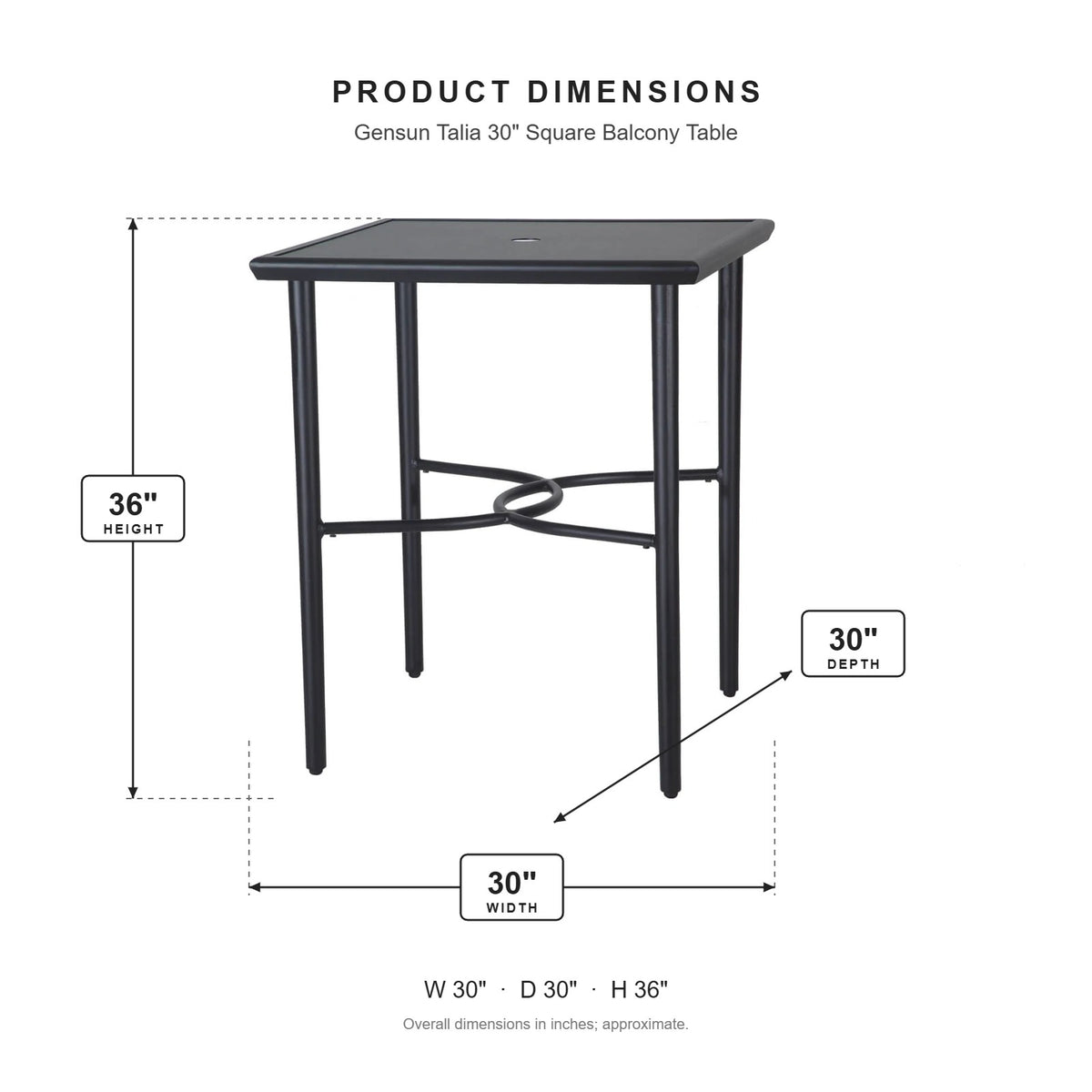 Gensun Talia 30" Square Balcony Table dimensions: 30 in W x 30 in D x 36 in H