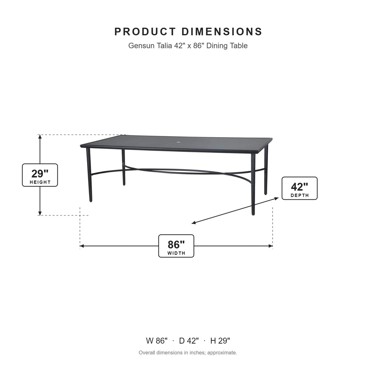 Gensun Talia 42" x 86" Dining Table dimensions: 86 in W x 42 in D x 29 in H