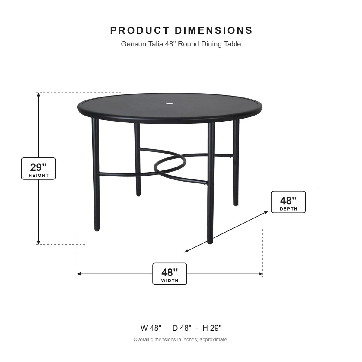 Gensun Talia 48" Round Dining Table dimensions: 48 in W x 48 in D x 29 in H