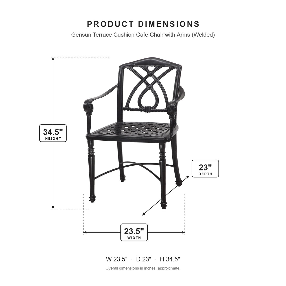 Gensun Terrace Cushion Café Chair with Arms (Welded) dimensions: 23.5 in W x 23 in D x 34.5 in H