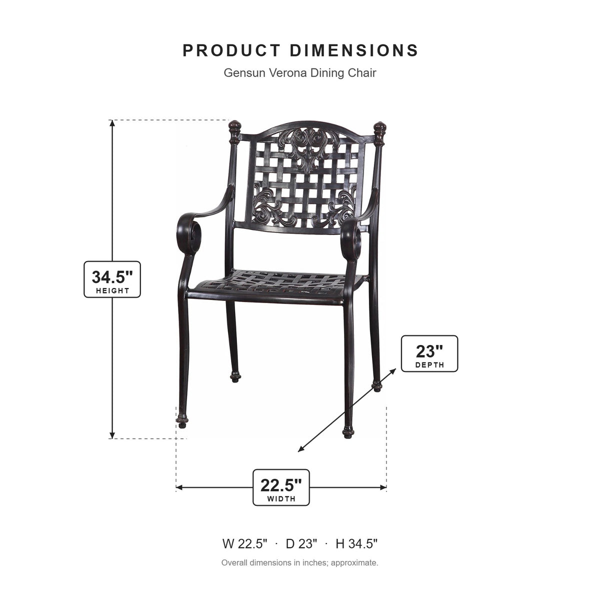 Gensun Verona Dining Chair dimensions: 22.5 in W x 23 in D x 34.5 in H