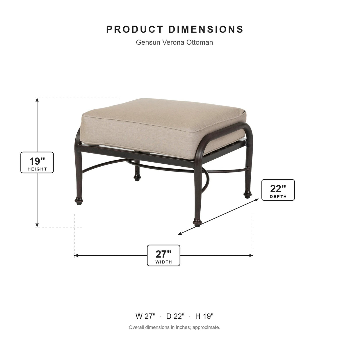 Gensun Verona Ottoman dimensions: 27 in W x 22 in D x 19 in H