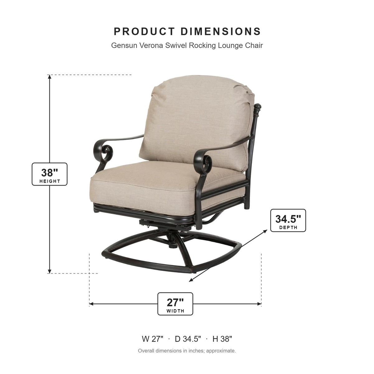 Gensun Verona Swivel Rocking Lounge Chair dimensions: 27 in W x 34.5 in D x 38 in H