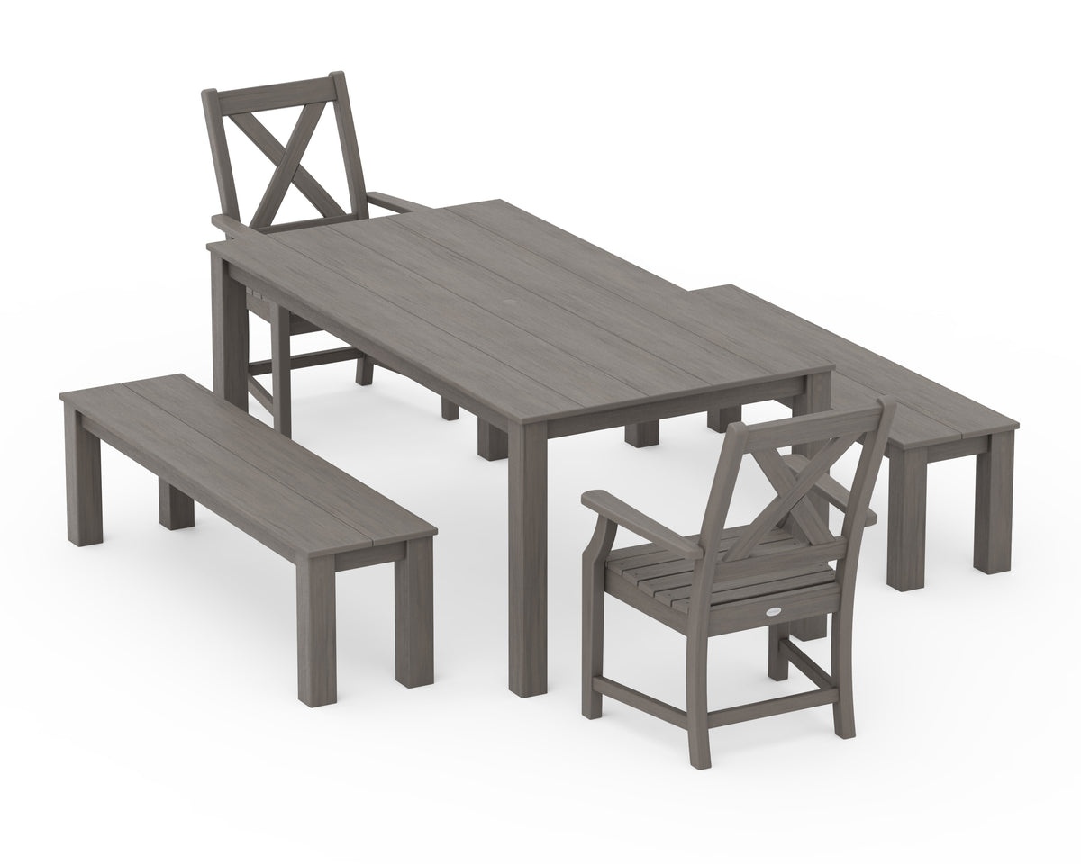POLYWOOD Braxton 5-Piece Parsons Dining Set with Benches in Driftwood