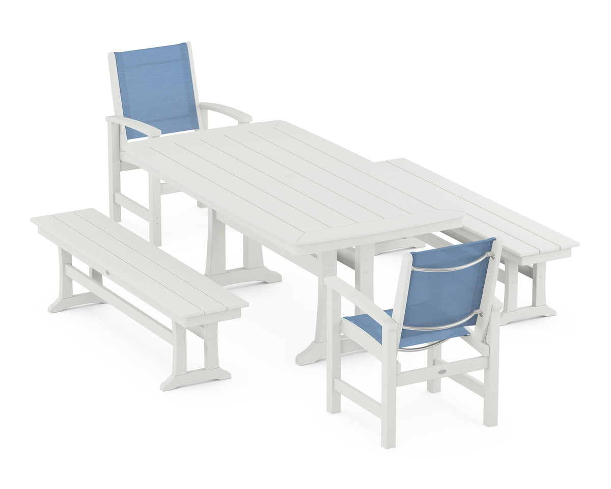 POLYWOOD Coastal 5-Piece Dining Set with Trestle Legs and Benches in Vintage White / Poolside